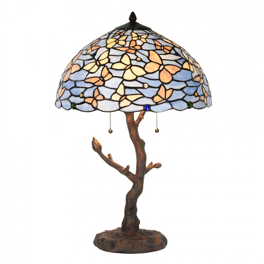 Levně Modrá stolní lampa Tiffany Butterflies - Ø 40*60 cm 5LL-6344