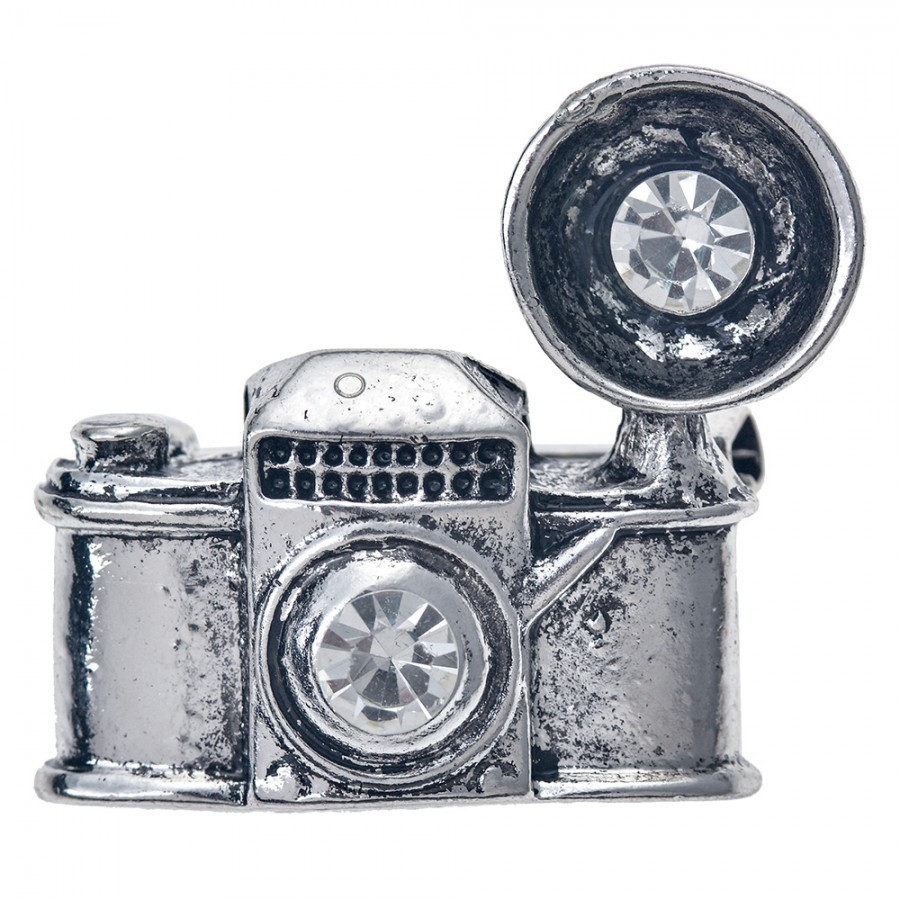 Stříbrná kovová brož s fotoaparátem JZPI0082