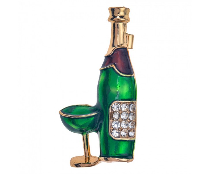 Barevná kovová brož s láhví vína a skleničkou