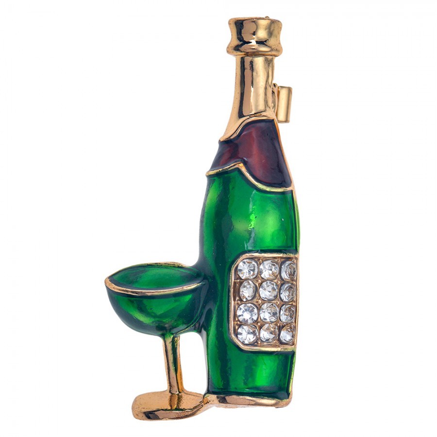 Barevná kovová brož s láhví vína a skleničkou JZPI0083