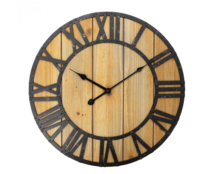 Černohnědé antik nástěnné hodiny s dřevěnými prkny - Ø 46*5 cm / 1*AA