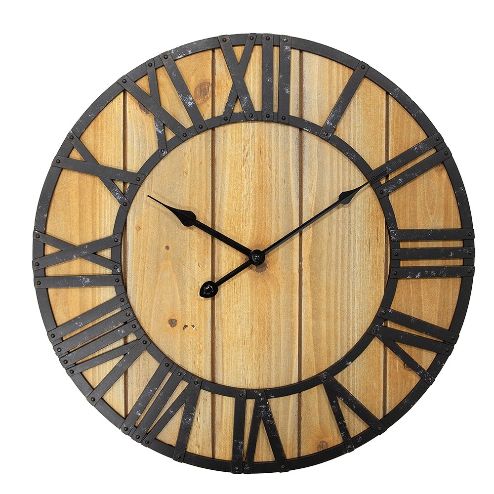 Levně Černohnědé antik nástěnné hodiny s dřevěnými prkny - Ø 46*5 cm / 1*AA 6KL0812