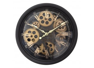Černé antik nástěnné hodiny s ozubenými kolečky - Ø 30*8 cm / 3*AA