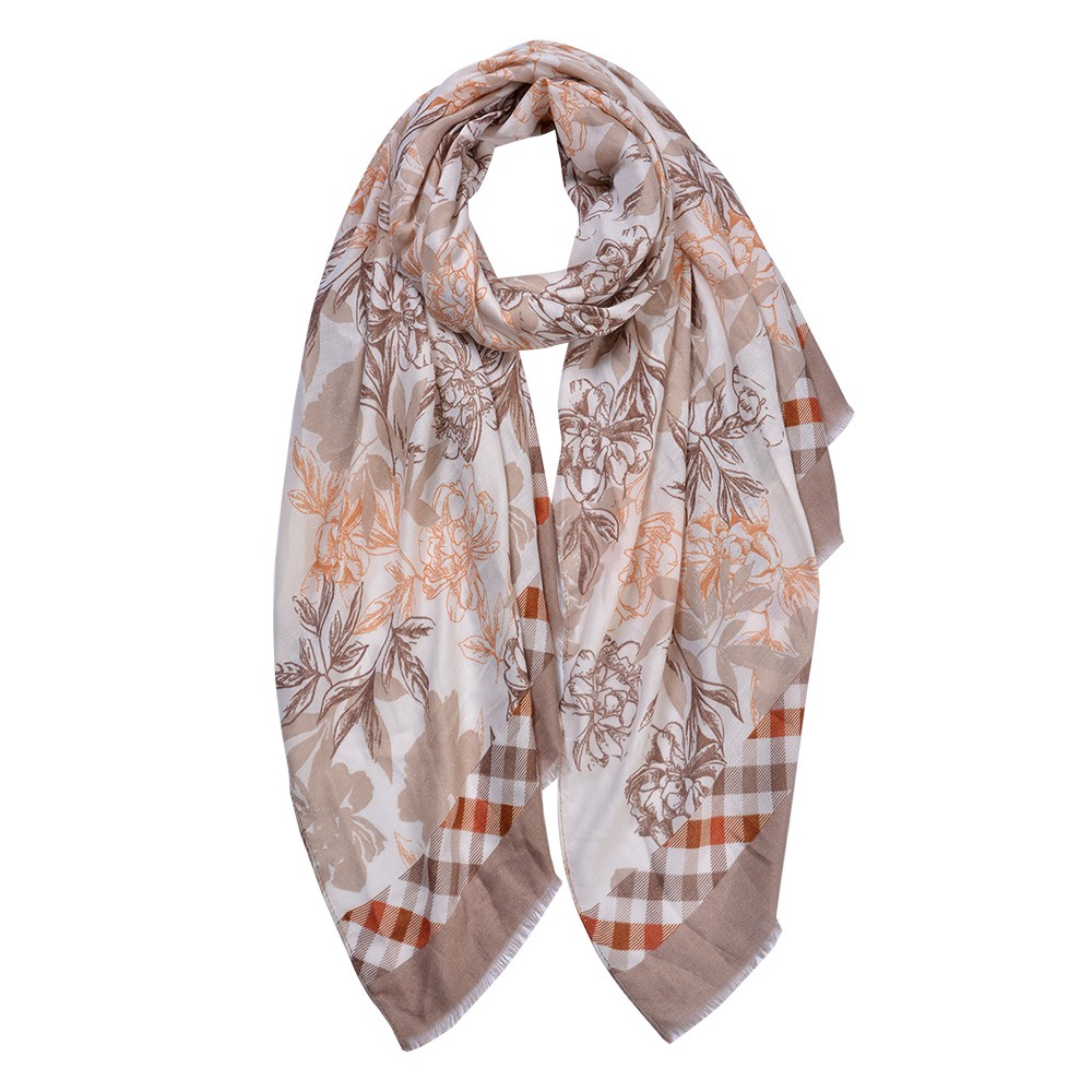 Levně Béžový dámský šátek s ornamenty květin - 80*180 cm JZSC0800