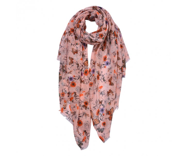 Růžový dámský šátek s kytičkami a motýly - 80*180 cm