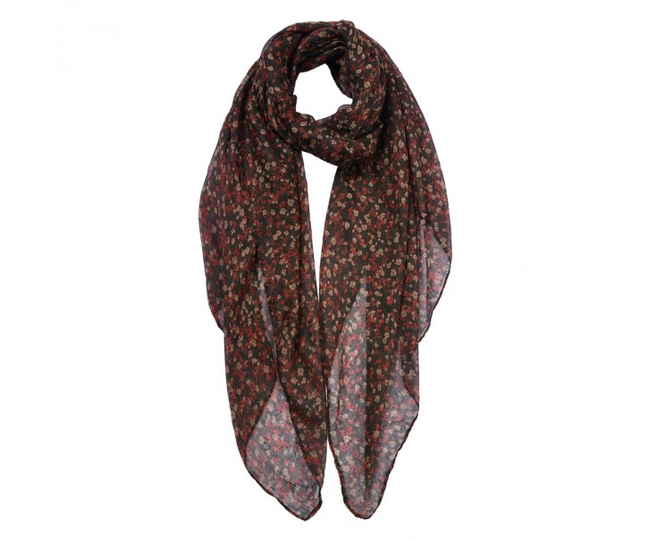 Tmavě hnědý dámský šátek s kytičkami - 80*180 cm