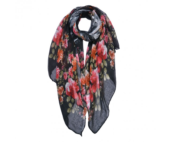 Černý dámský šátek s květy - 80*180 cm