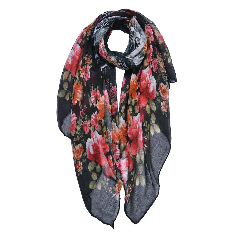Levně Černý dámský šátek s květy - 80*180 cm JZSC0813