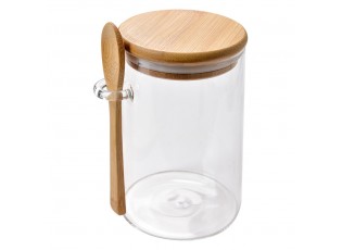 Skleněná úložná nádoba s dřevěným víčkem a lžičkou - 11*9*14 cm