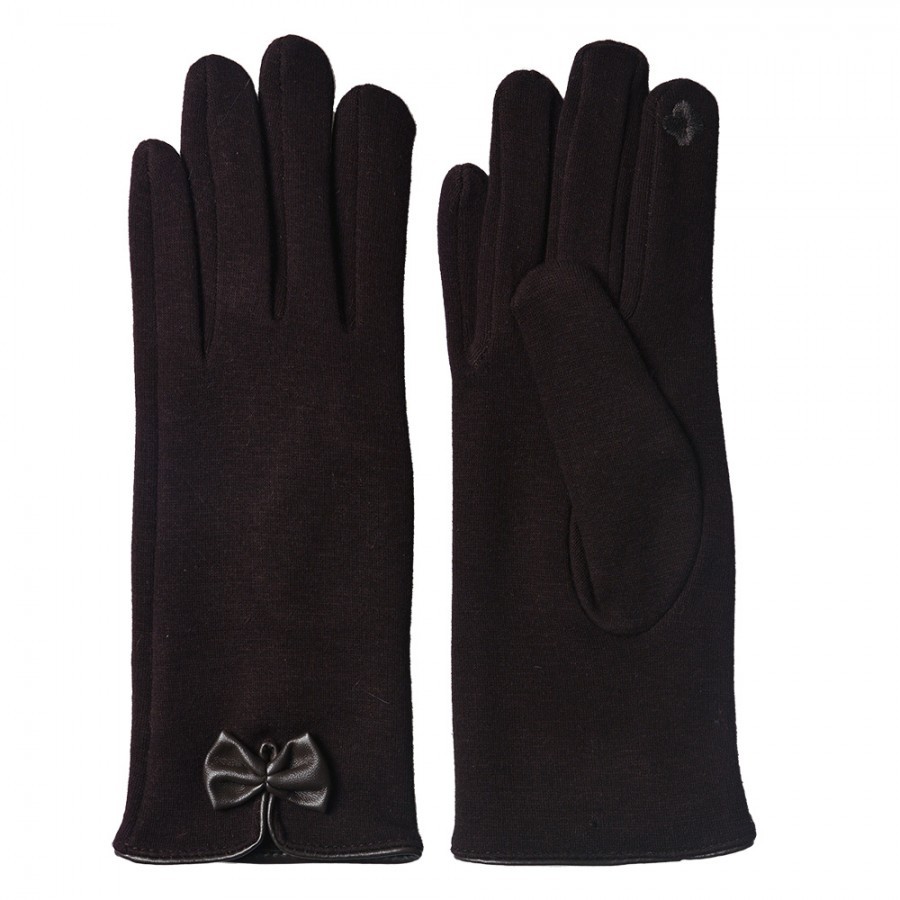 Hnědé zimní dámské rukavice s mašličkou - 8*24 cm Clayre & Eef