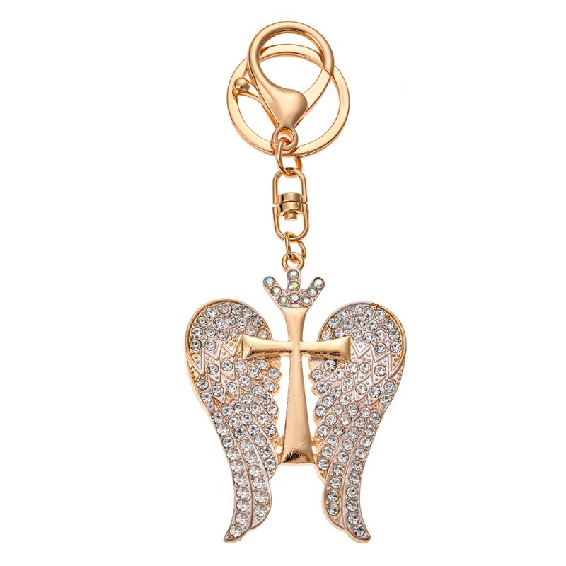 Zlatý kovový přívěsek na klíče andělská křídla s kamínky Clayre & Eef