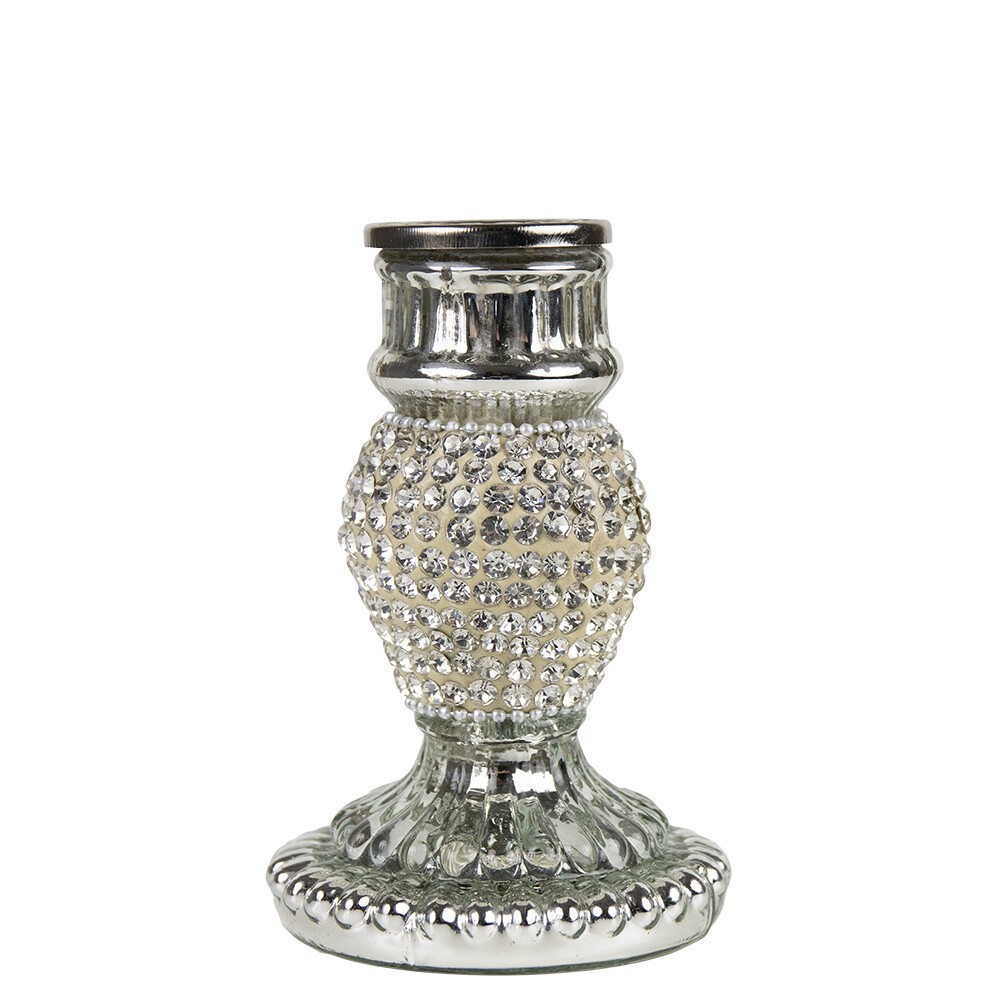 Stříbrný skleněný svícen s kamínky Rhinestone silver S - 10 cm