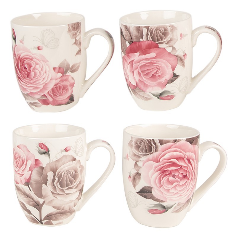 Set 4ks bílo-růžový porcelánový hrnek s růžemi Rose - 8*10 cm / 0,3L 6CEMS0044