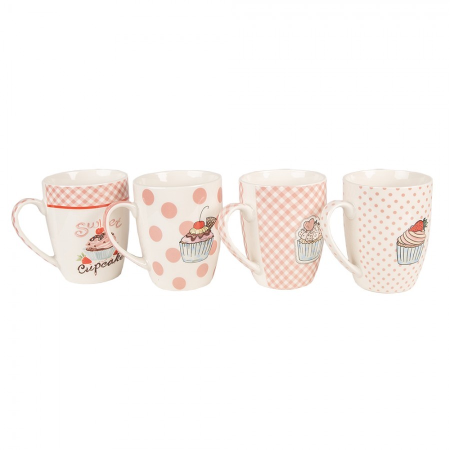 Set 4ks bílo-růžový porcelánový hrnek s dortíky Cupcake - 8*10 cm / 0,3L 