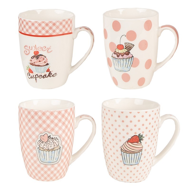 Set 4ks bílo-růžový porcelánový hrnek s dortíky Cupcake - 8*10 cm / 0,3L 