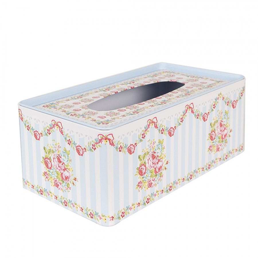 Modrý kovový obal na kapesníky s květy růží Rossai - 23*13*10 cm