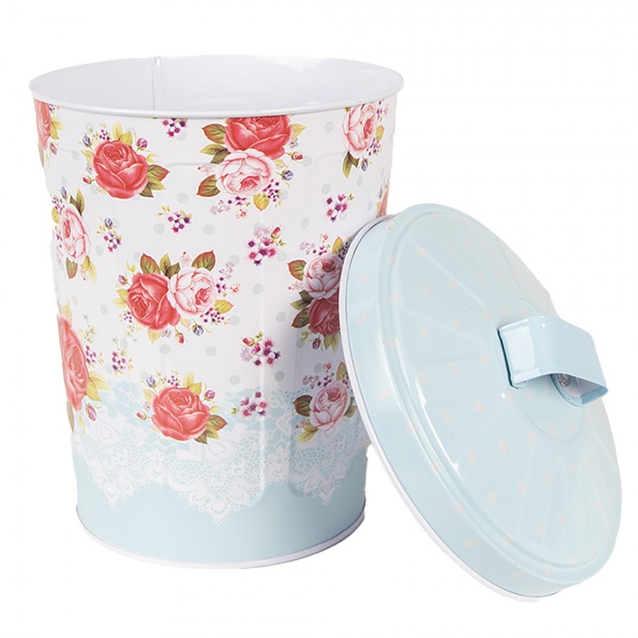 Modrý kovový box s víkem a květy růží Rossai - Ø 15*20 cm