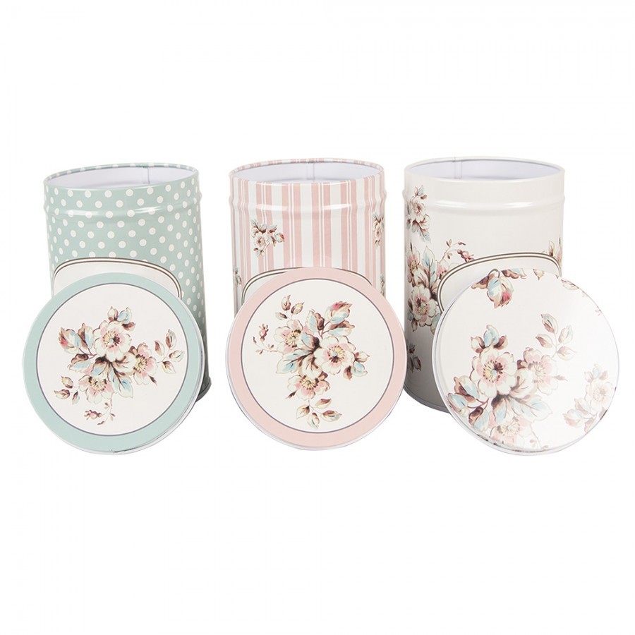 3ks plechová dóza s víkem a květy Tea Sugar Coffee - Ø 8*12 cm