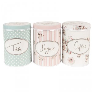3ks plechová dóza s víkem a květy Tea Sugar Coffee - Ø 8*12 cm