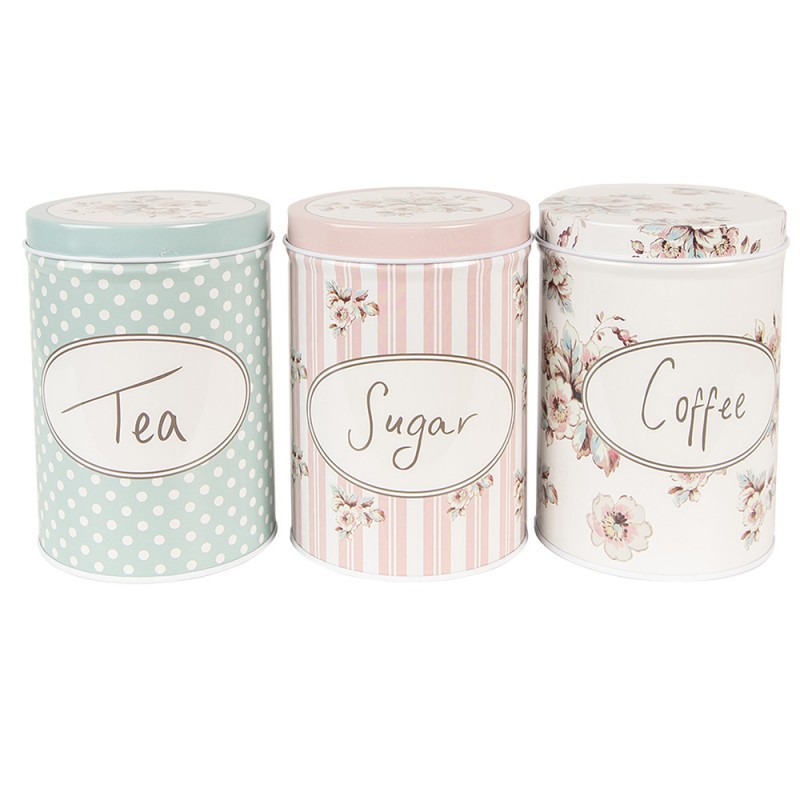 3ks plechová dóza s víkem a květy Tea Sugar Coffee - Ø 8*12 cm