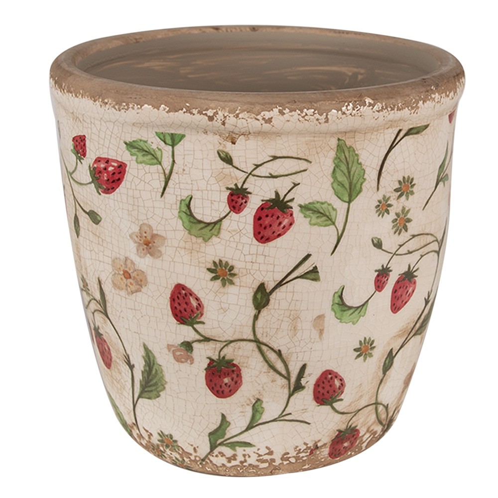 Levně Béžový keramický obal na květináč s jahůdkami Wild Strawberries L - Ø 16*16 cm 6CE1631L