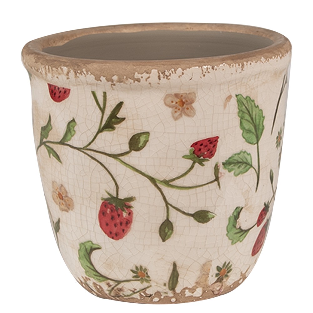 Béžový keramický obal na květináč s jahůdkami Wild Strawberries XS - Ø 11*10 cm Clayre & Eef
