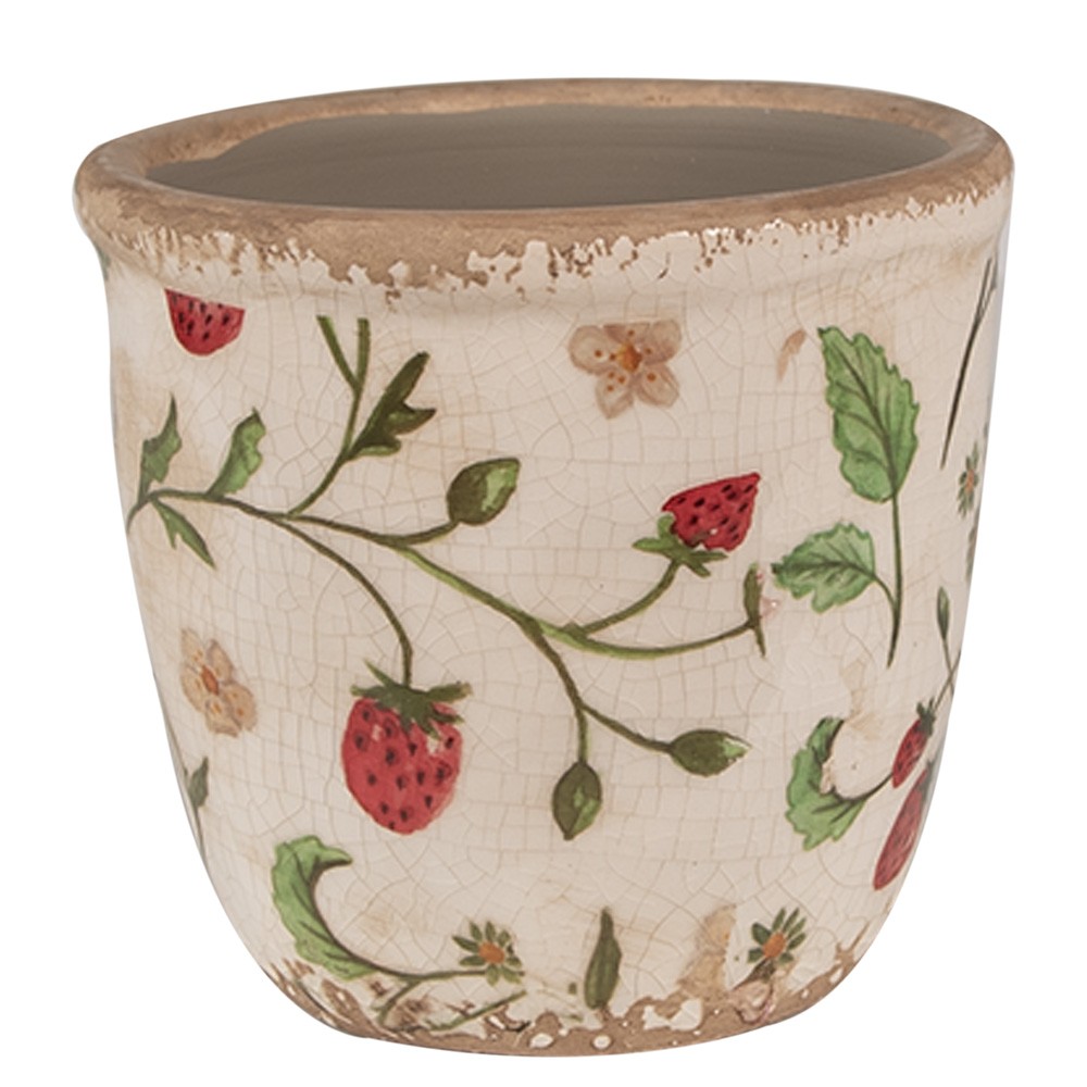Béžový keramický obal na květináč s jahůdkami Wild Strawberries XS - Ø 11*10 cm