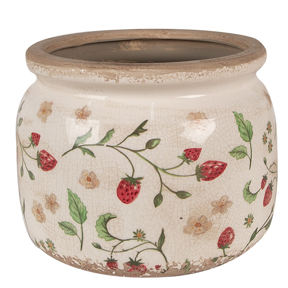 Béžový keramický obal na květináč s jahůdkami Wild Strawberries L - Ø 20*15 cm