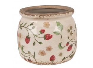 Béžový keramický obal na květináč s jahůdkami Wild Strawberries M - Ø 16*13 cm