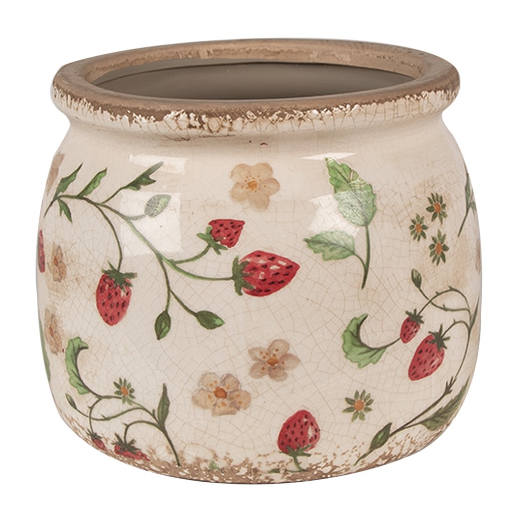 Béžový keramický obal na květináč s jahůdkami Wild Strawberries M - Ø 16*13 cm