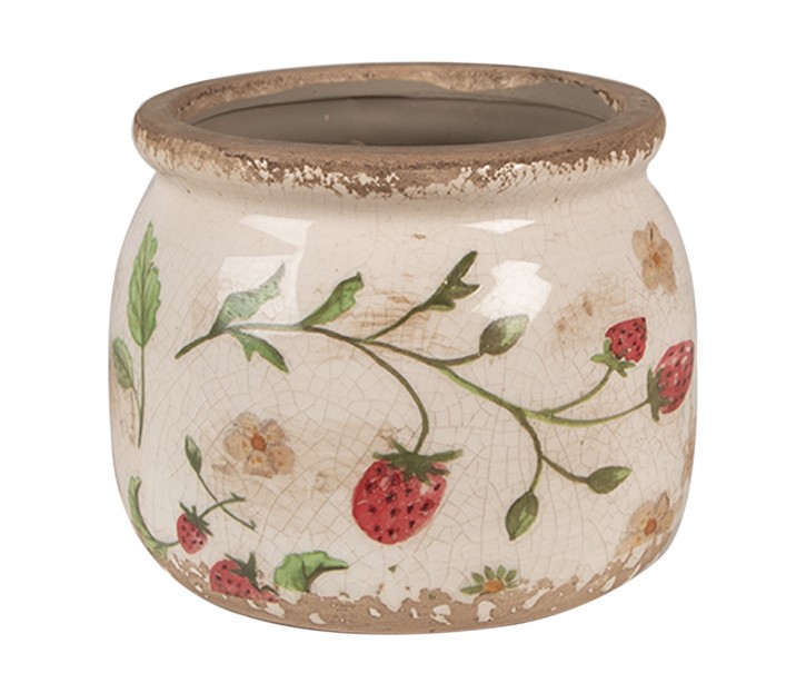 Béžový keramický obal na květináč s jahůdkami Wild Strawberries S - Ø 12*10 cm