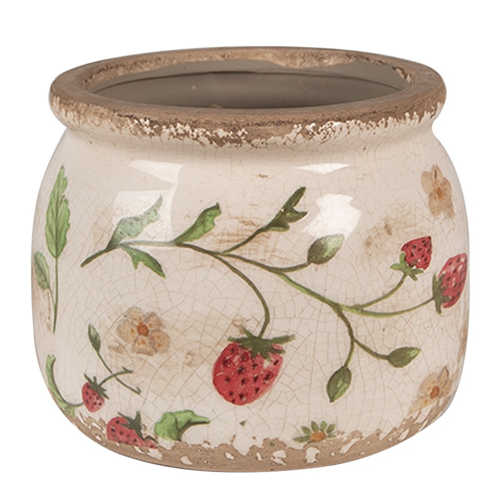 Levně Béžový keramický obal na květináč s jahůdkami Wild Strawberries S - Ø 12*10 cm 6CE1632S