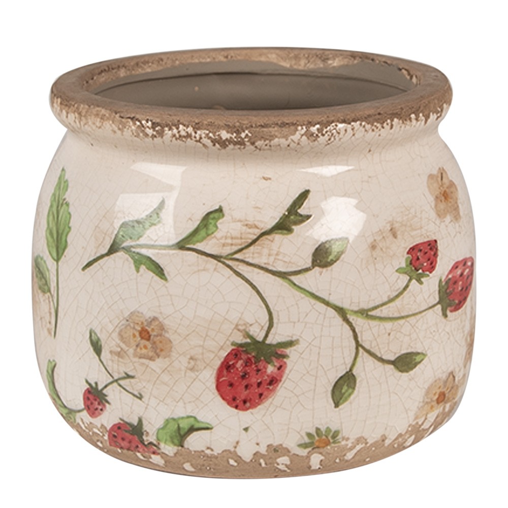 Béžový keramický obal na květináč s jahůdkami Wild Strawberries S - Ø 12*10 cm