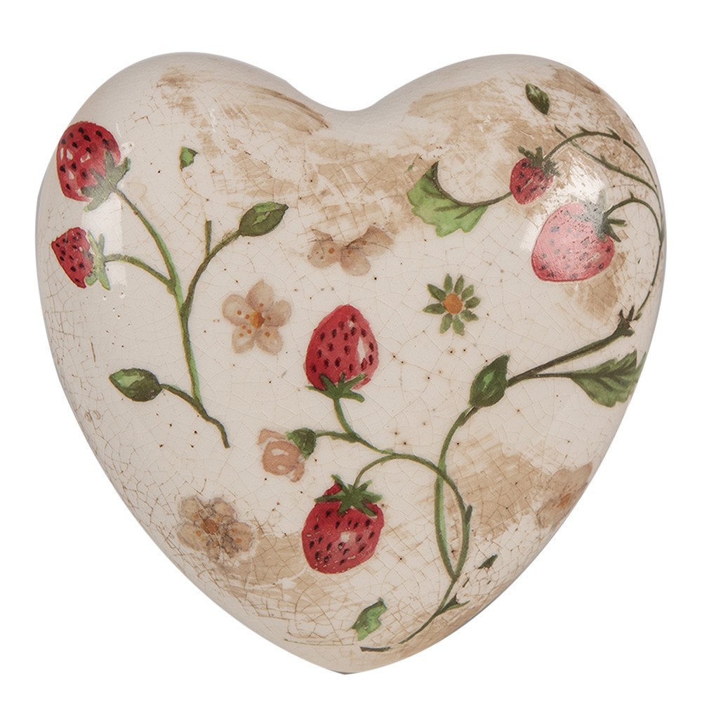 Béžová antik dekorace srdce s jahůdkami Wild Strawberries - 11*11*4 cm 6CE1637