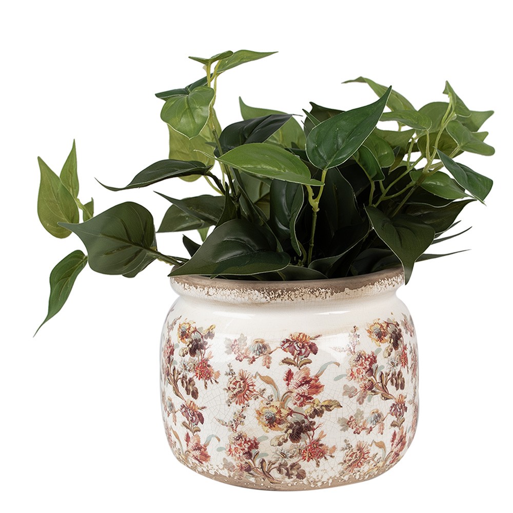 Béžový keramický obal na květináč s květy Flovia L - Ø 20*15 cm