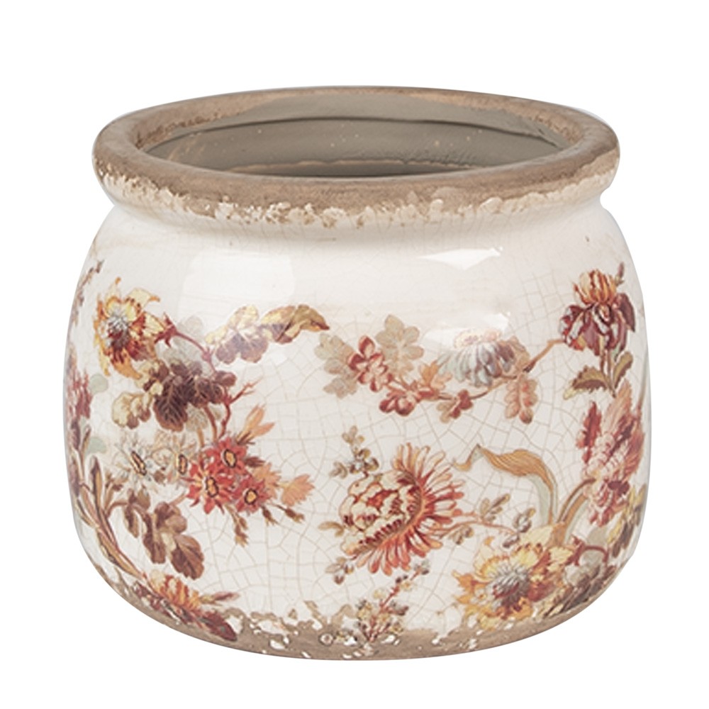 Béžový keramický obal na květináč s květy Flovia M - Ø 12*10 cm