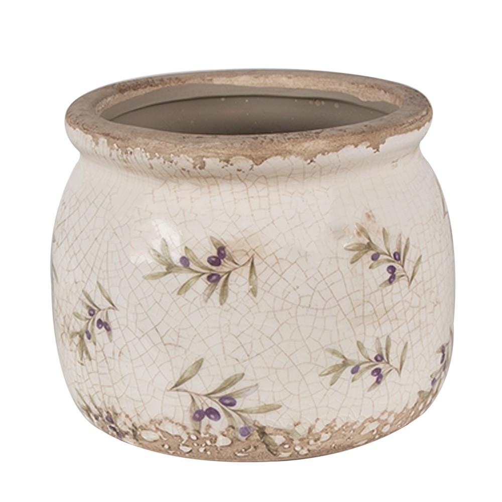 Béžový antik obal na květináč s olivami Olive Fields M - Ø 16*13 cm