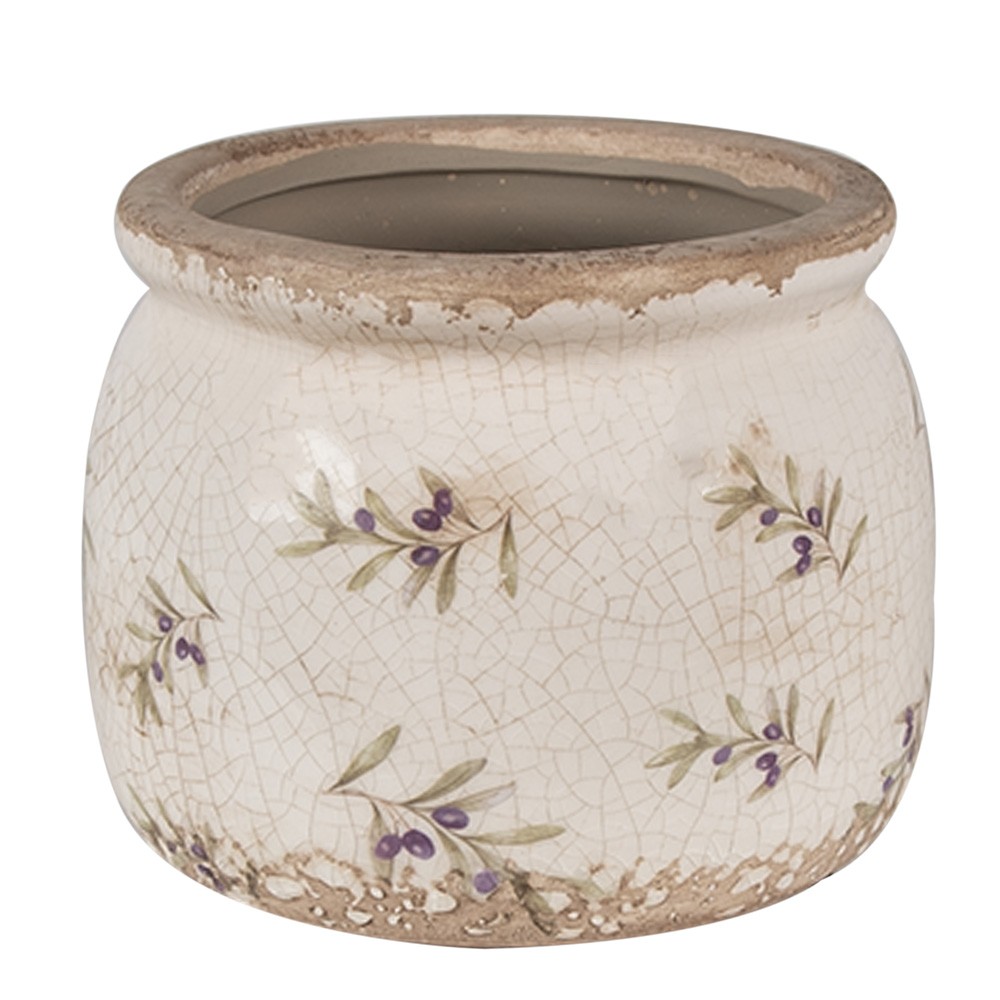Béžový antik obal na květináč s olivami Olive Fields S - Ø 12*10 cm