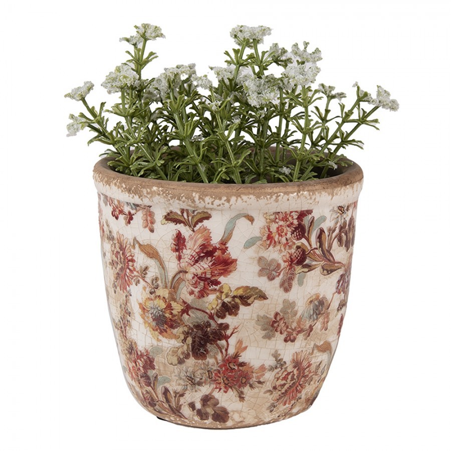 Béžový keramický obal na květináč s květy Flovia XS - Ø 11*11 cm
