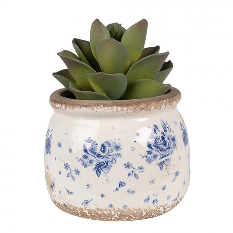 Béžový keramický obal na květináč s modrými růžemi Blue Rose - Ø 12*10 cm