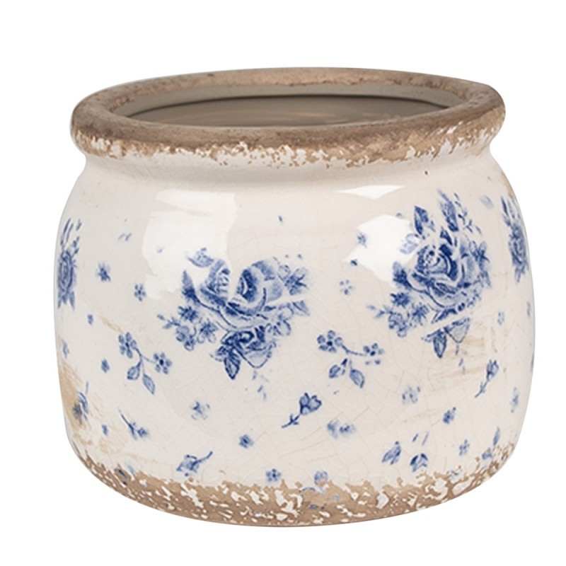 Béžový keramický obal na květináč s modrými růžemi Blue Rose - Ø 12*10 cm