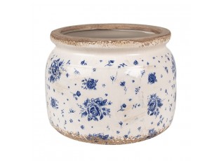 Béžový keramický obal na květináč s modrými růžemi Blue Rose - Ø 20*15 cm