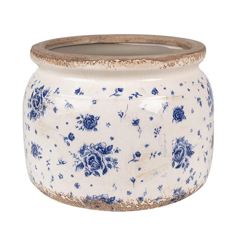 Béžový keramický obal na květináč s modrými růžemi Blue Rose L - Ø 20*15 cm Clayre & Eef