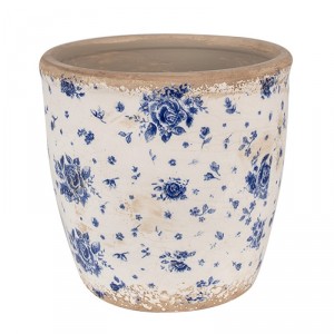 Béžový keramický obal na květináč s modrými růžemi Blue Rose - Ø 16*16 cm