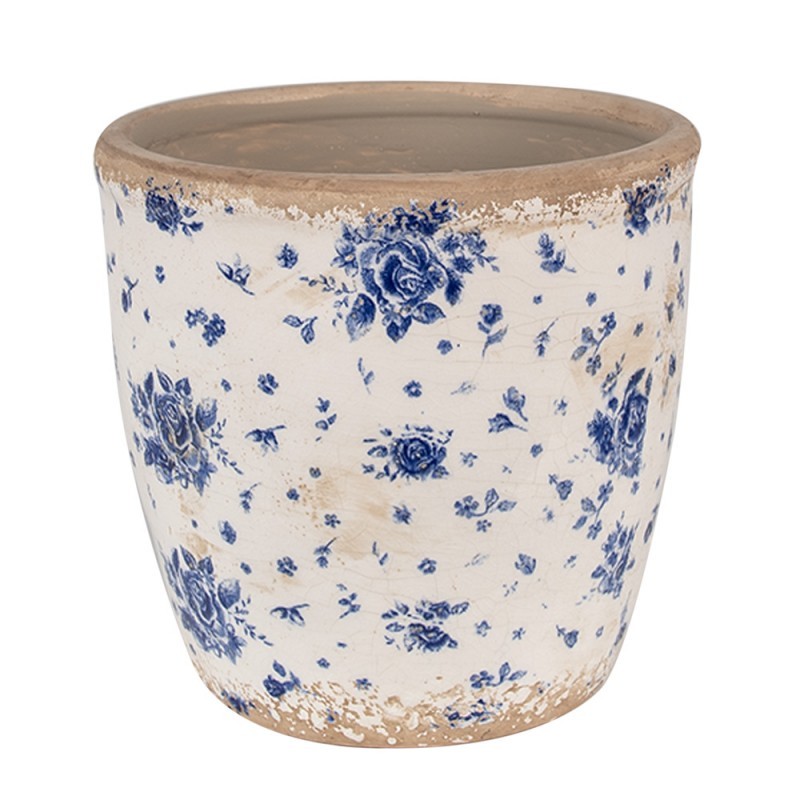 Béžový keramický obal na květináč s modrými růžemi Blue Rose - Ø 16*16 cm
