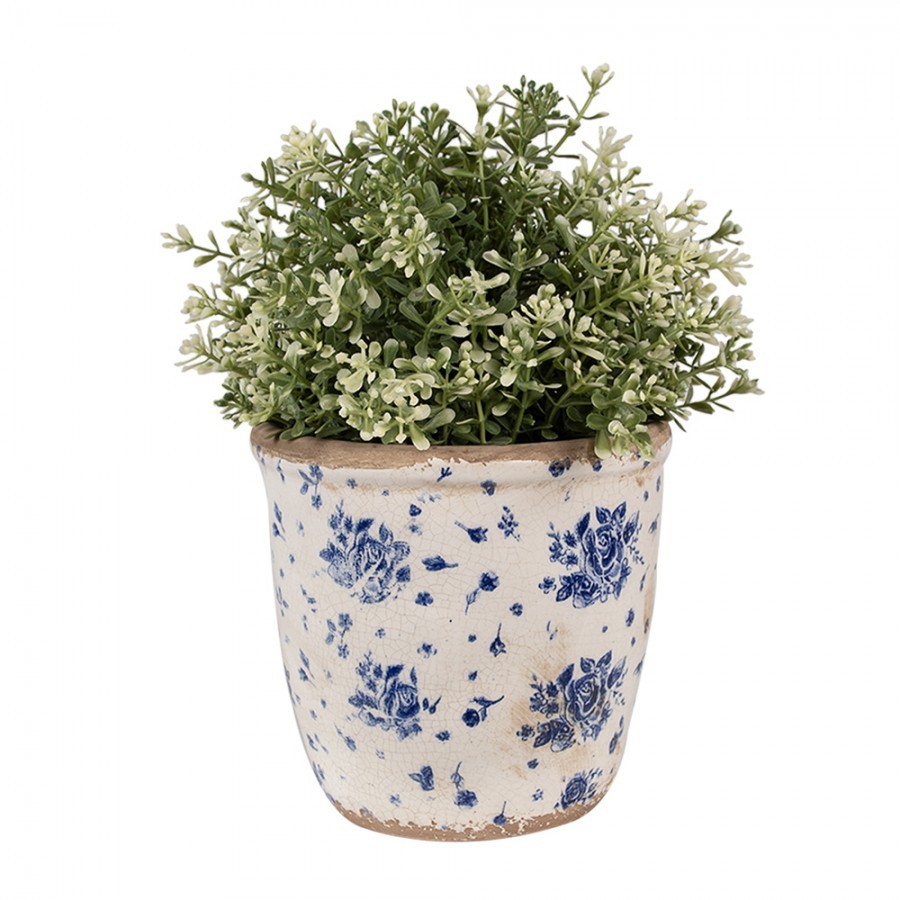 Béžový keramický obal na květináč s modrými růžemi Blue Rose M - Ø 14*13 cm
