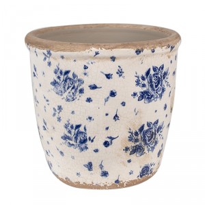 Béžový keramický obal na květináč s modrými růžemi Blue Rose M - Ø 14*13 cm