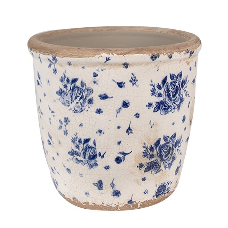 Béžový keramický obal na květináč s modrými růžemi Blue Rose M - Ø 14*13 cm