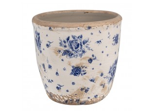 Béžový keramický obal na květináč s modrými růžemi Blue Rose S - Ø 13*12 cm