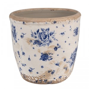 Béžový keramický obal na květináč s modrými růžemi Blue Rose S - Ø 13*12 cm